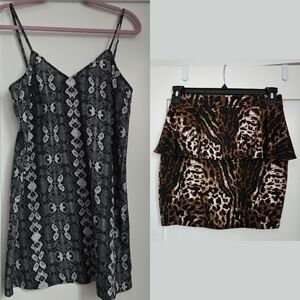 TWO: Dress AND Skirt Animal Leopard Snakeskin Print Brown Gray Black